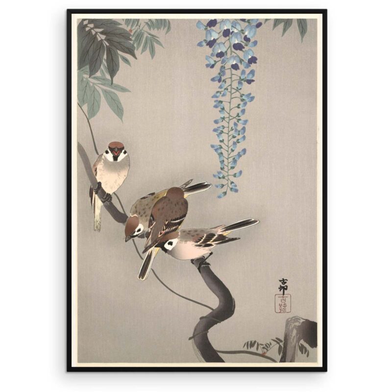 Plakat - Japansk Træsnit - Skovspurve i blåregn - Ohara Koson - Aruhana