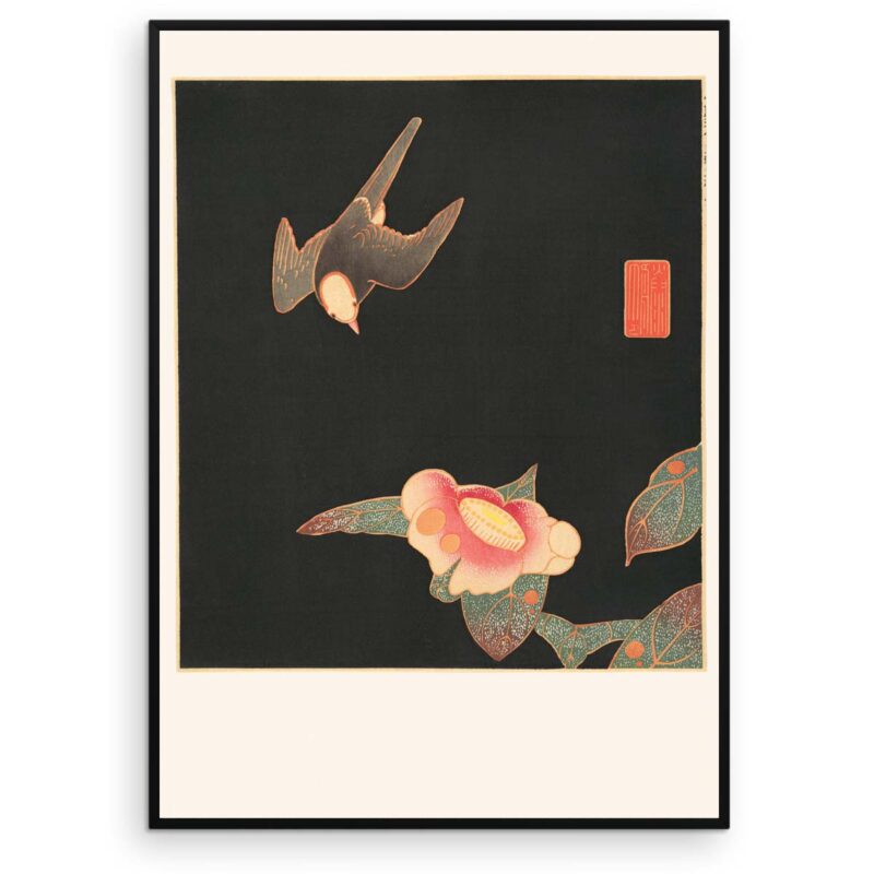 Plakat - Japansk træsnit - Svale og kamelia blomst - Aruhana
