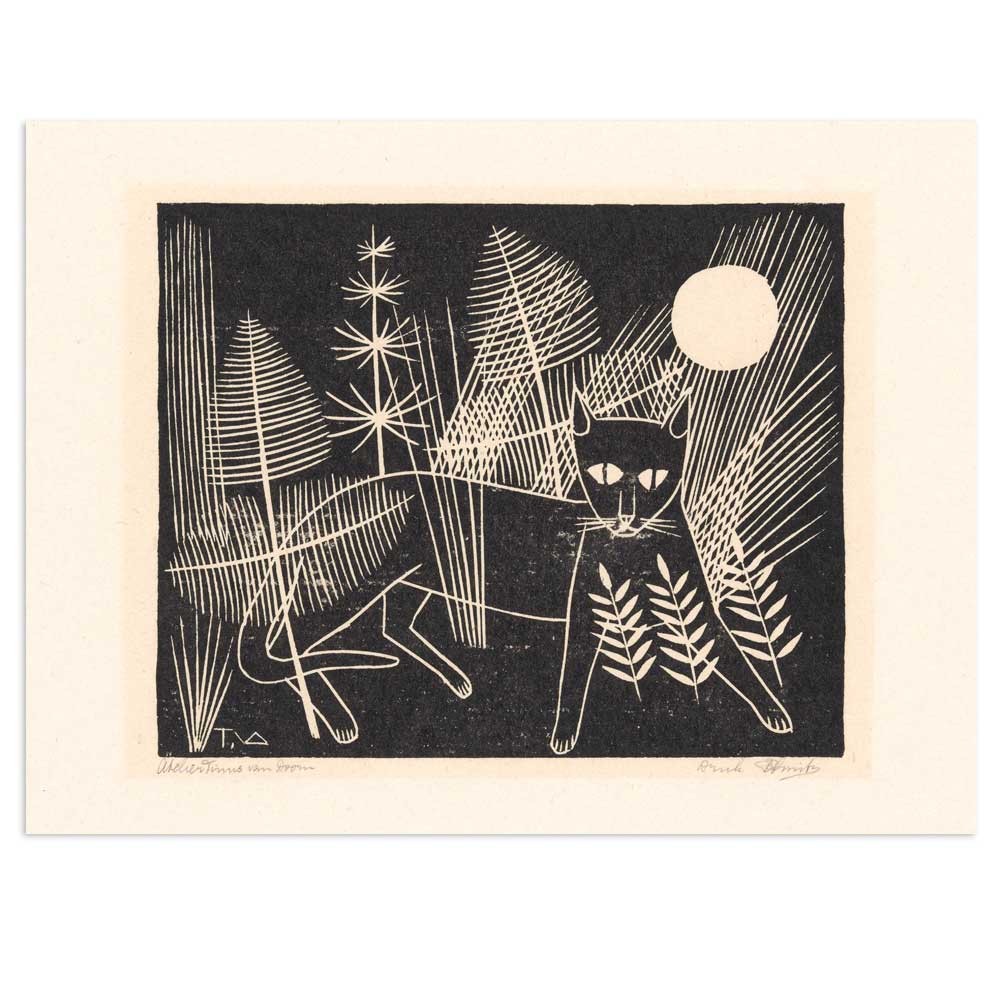 Plakat - Træsnit - Katten Jeroen på jagt 40x30cm
