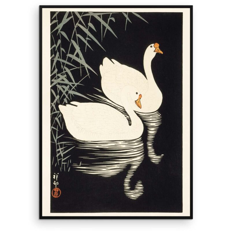 Hvide svane-gæs og siv - Ohara Koson træsnit 1928 -Aruhana