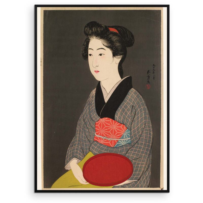 Kvinde med rød bakke - Japansk træsnit plakat - Aruhana