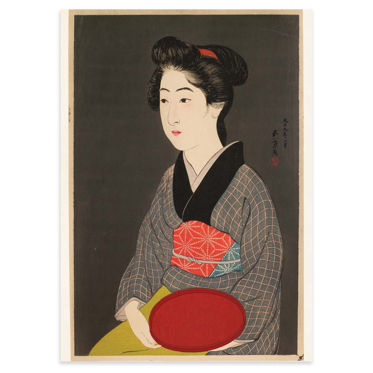 Kvinde med rød bakke - Japansk træsnit plakat - 50x70cm